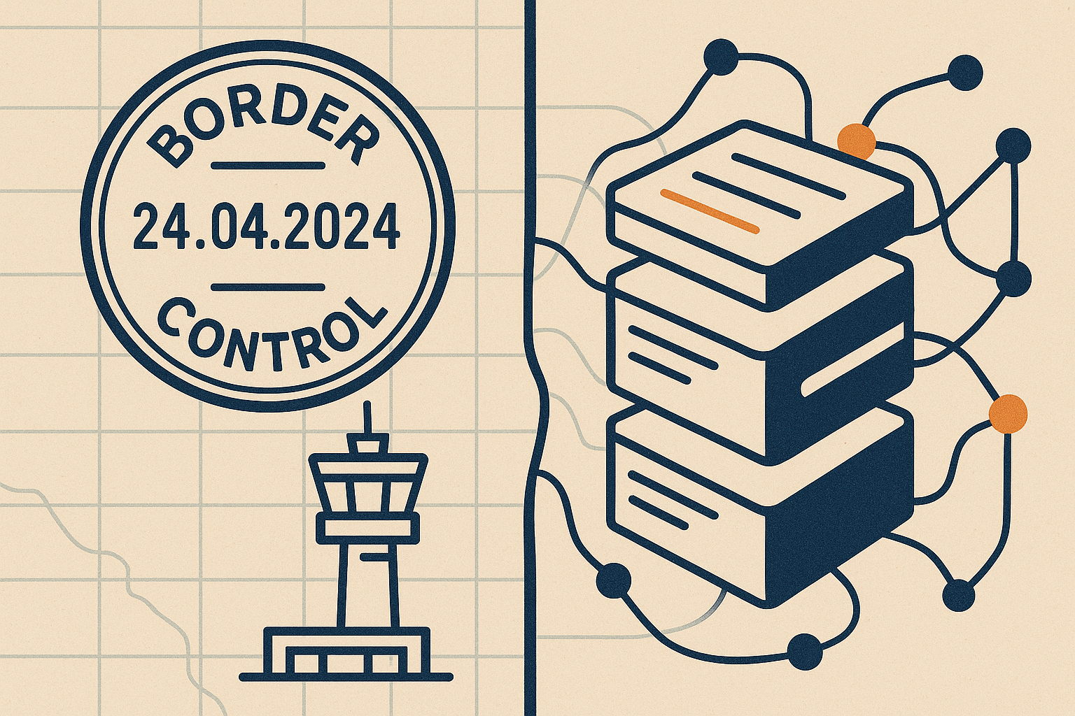 Splitscreen conceptual illustration Left panel a border control stamp and a control tower icon over a faint map grid Right panel an abstract algorithmic feed represented by stacked cards and connected nodes flowing beyond any border The center seam s-3