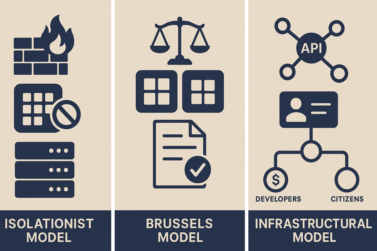 Threepanel infographic triptych with equal columns Panel 1 icon set for Isolationist model a firewall wall a blocked app tile and a local server rack Panel 2 icon set for Brussels model a scalesofjustice icon over generic platform tiles and a documen-1